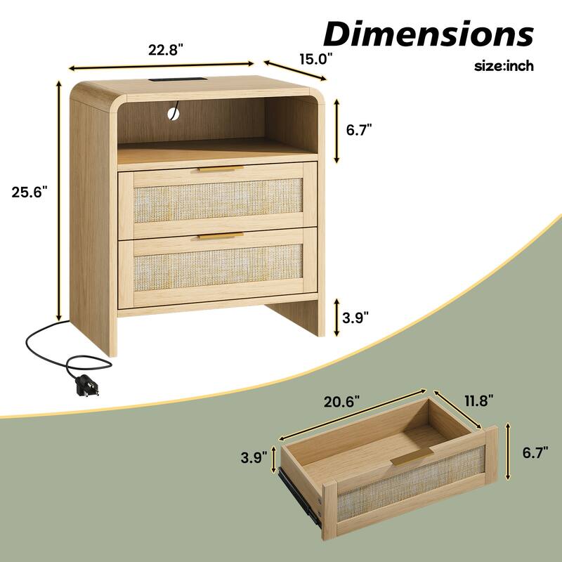 Rattan Nightstand with Charging Station Set of 2, 2 Drawers & Open Shelf, 22.8"Wide Curved Wooden Bedside Table