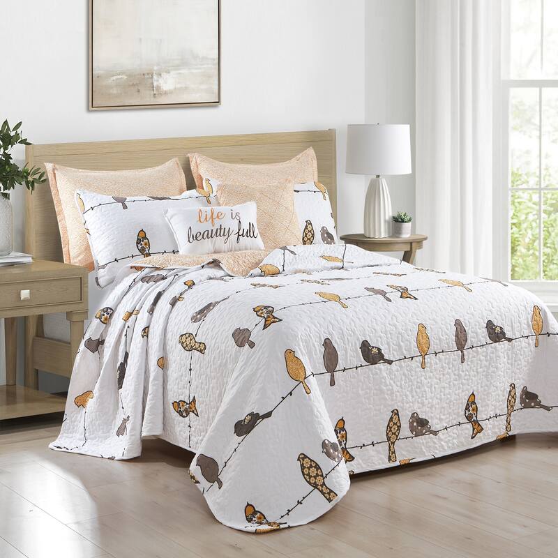 Lush Decor Rowley Birds 7 Piece Quilt Set - Yellow & Gray - Full - Queen