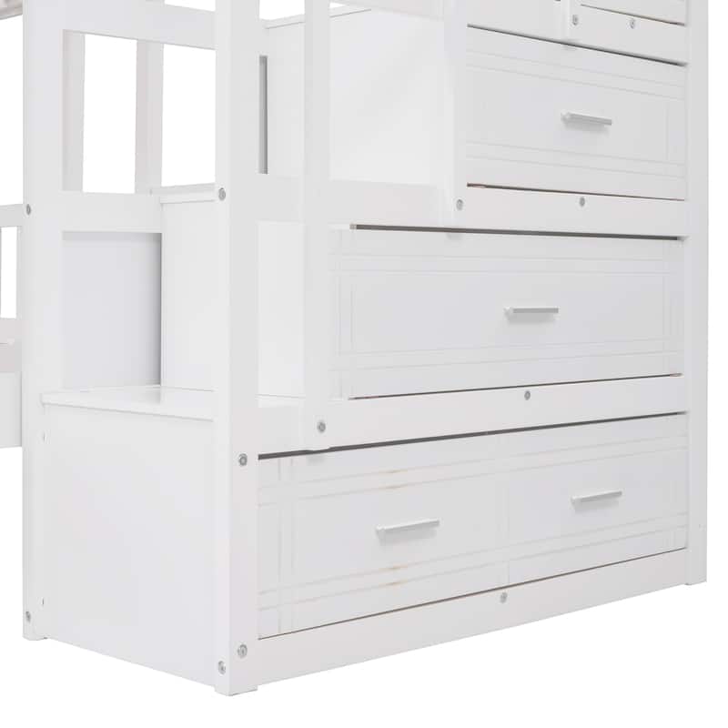 Roomfitters Full Over Twin & Twin Wood Triple Bunk Bed with Drawers and Guardrails