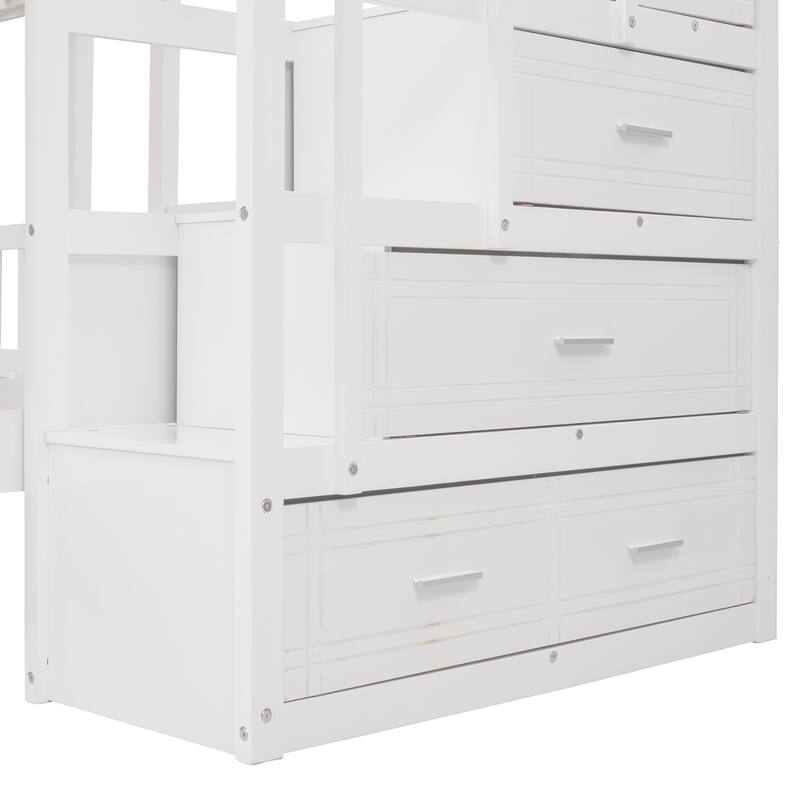 White Wood Triple Bunk Bed with Drawers - Full Over Twin & Twin, Space-Saving Design
