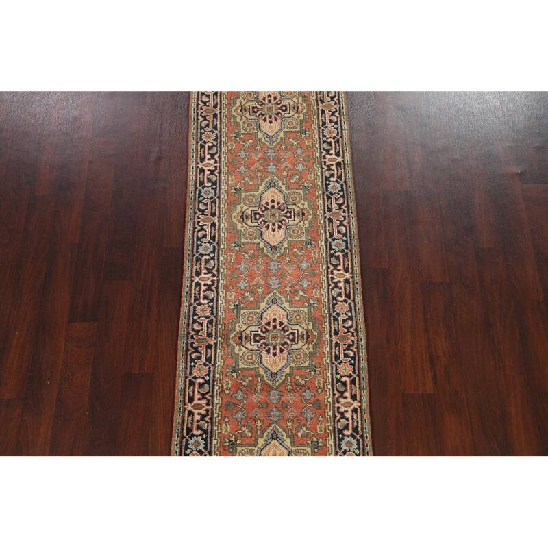 Hand Knotted Oriental 100% Wool Carpet Traditional Geometric Oranges & Rust Indo Heriz Serapi Runner Rug - 11' 11'' X 2' 7''