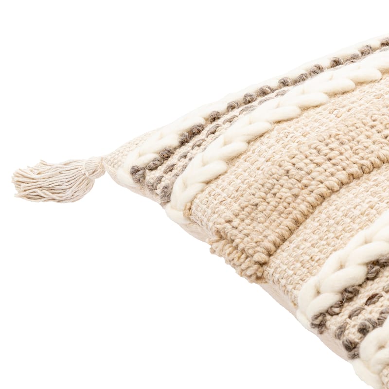 Goa Taupe Bohemian Tassel Wool Throw Pillow Cover (20" x 20")