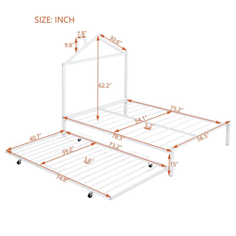Metal Platform Bed with Twin Size Trundle,House-Shaped Headboard
