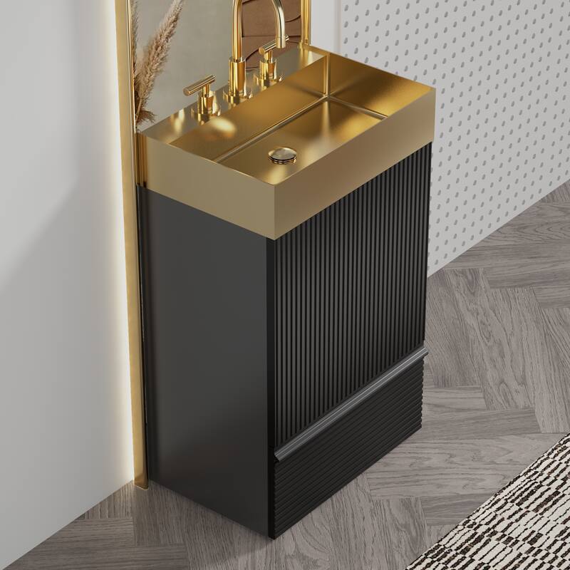 20" Striped Bathroom Vanity with Integrated Brushed Gold Stainless Steel Bathroom Sink, One-Piece Metal Basin without Faucet