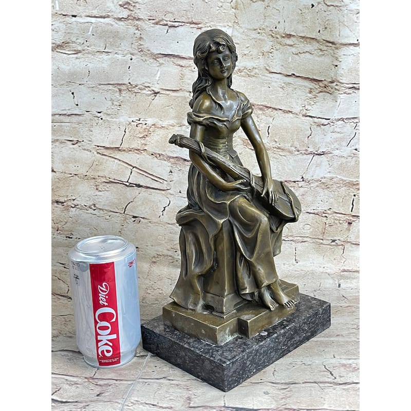 Young Girl With Guitar Musical Instrument Musician Bronze Statue Sculpture Figure 13 Inches X 6.5 Inches
