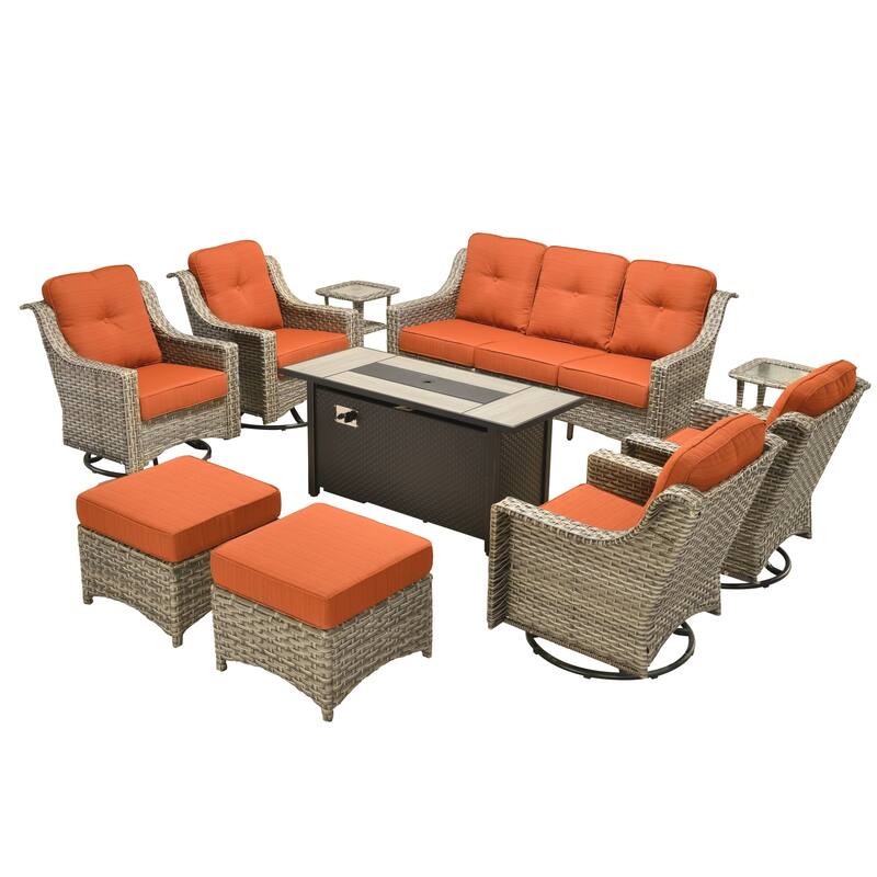 OVIOS 10-piece Patio Wicker Swivel Rocking Chair Set With Fire Pit