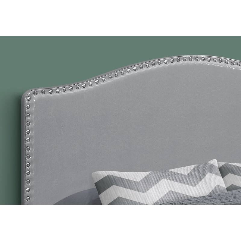 Queen Size Upholstered Headboard in Grey Leather Look with Nailhead Trim
