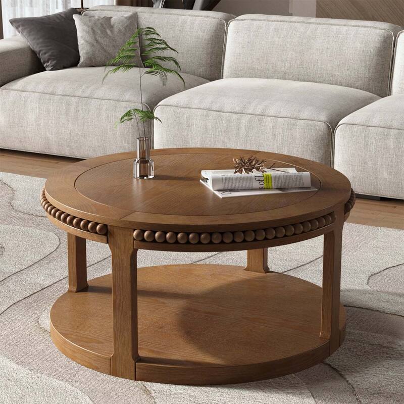 Circle Table with 2-Tier Storage Shelf,Modern Design for Living Room