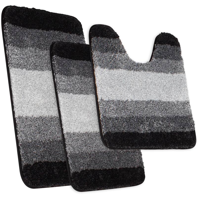 WaLensee 3Pieces Anti-Slip Bath Rug Set, Non-Slip Bathroom Rugs Contour Mat - 16''x24''+20''x32''+20''x24''Contour - Ombre Black