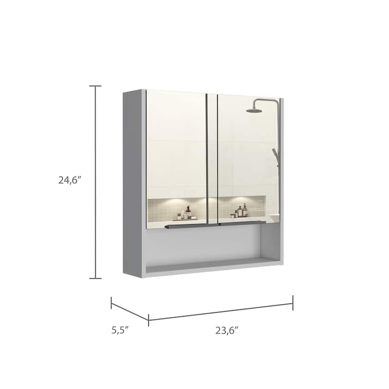 Mirror Cabinet - Double Doors, 3 Internal Shelves, 1 Open Shelf, Wall-Mounted Bathroom Storage