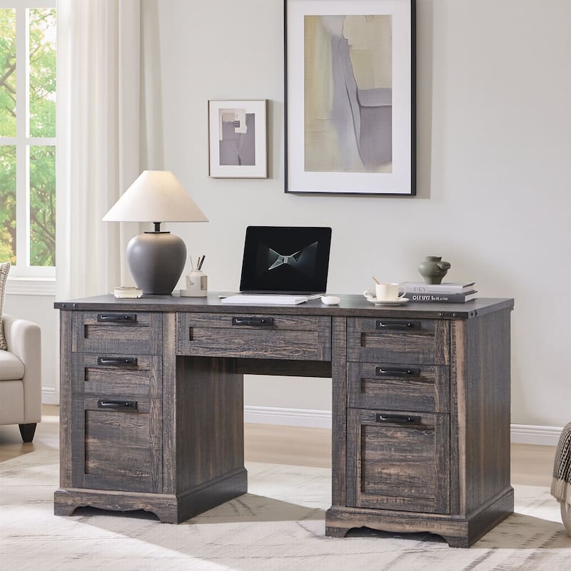 60" Farmhouse Executive Desk, Wood Home Office Desk, Computer Desk - Dark Rustic Oak