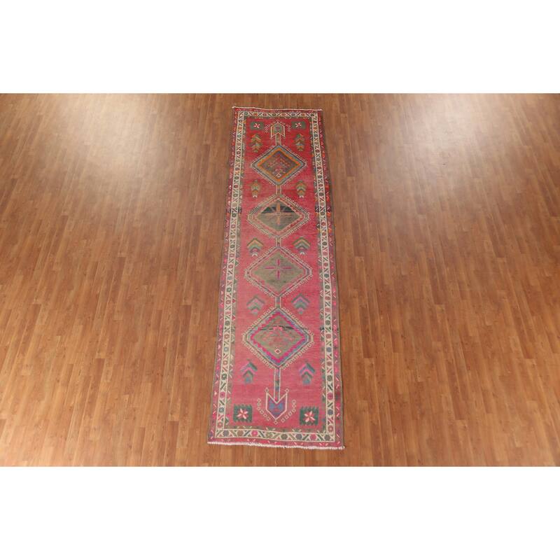 Pink Ardebil Persian Vintage Runner Rug Handmade Wool Carpet - 3'5"x 12'4"