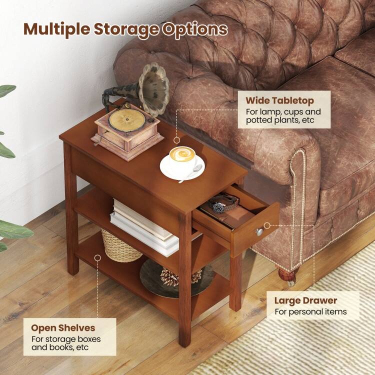 MDF Side End Table with Rubber Wood Legs and Drawer Storage - 23.5" x 12" x 24.5"