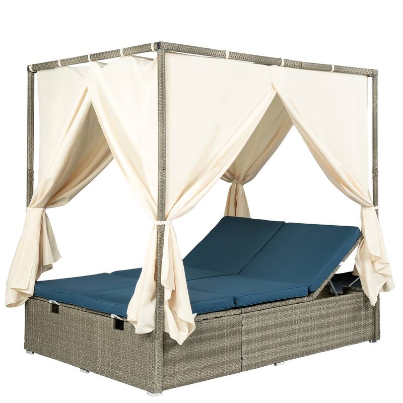 Outdoor Rattan Canopy Daybed Sunbed with Curtain & Adjustable Seat
