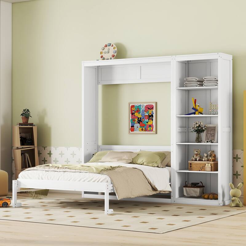 Space Saving Murphy Bed Wall Bed with 5 Layer Storage Shelves, Wood Foldable Platform Bed Frame, No Box Spring Needed