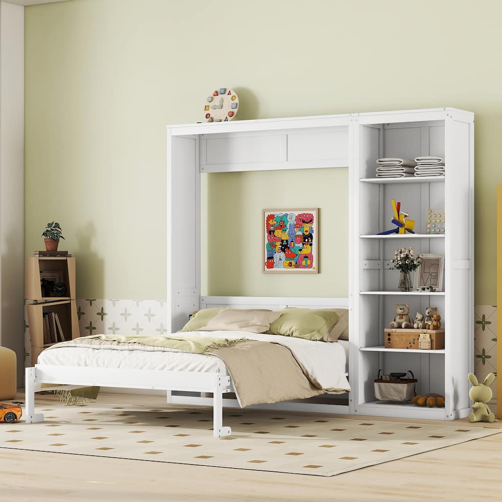 Space-Saving Queen Size Wall Bed with Shelves, White