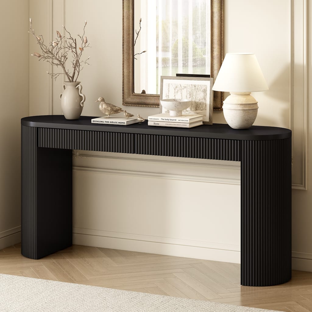 Artistic Console Table w/ Vertical Striped Legs, Accent Sofa Table w/ Oval Table Top, Modern Entryway Table w/ 2 Drawers