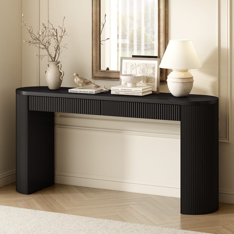 Elegant Console Table with Pine Veneer & Vertical Striped Design – Perfect for Entryway, Hallway, Living Room, Bedroom . -  Black