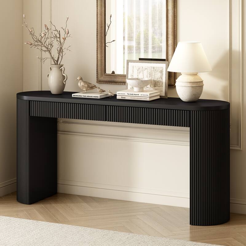 Fluted Console Table Slim Sofa Table Behind Couch Entry Table with 2 Storage Drawers, Narrow Wood Hallway Table for Living Room - Black
