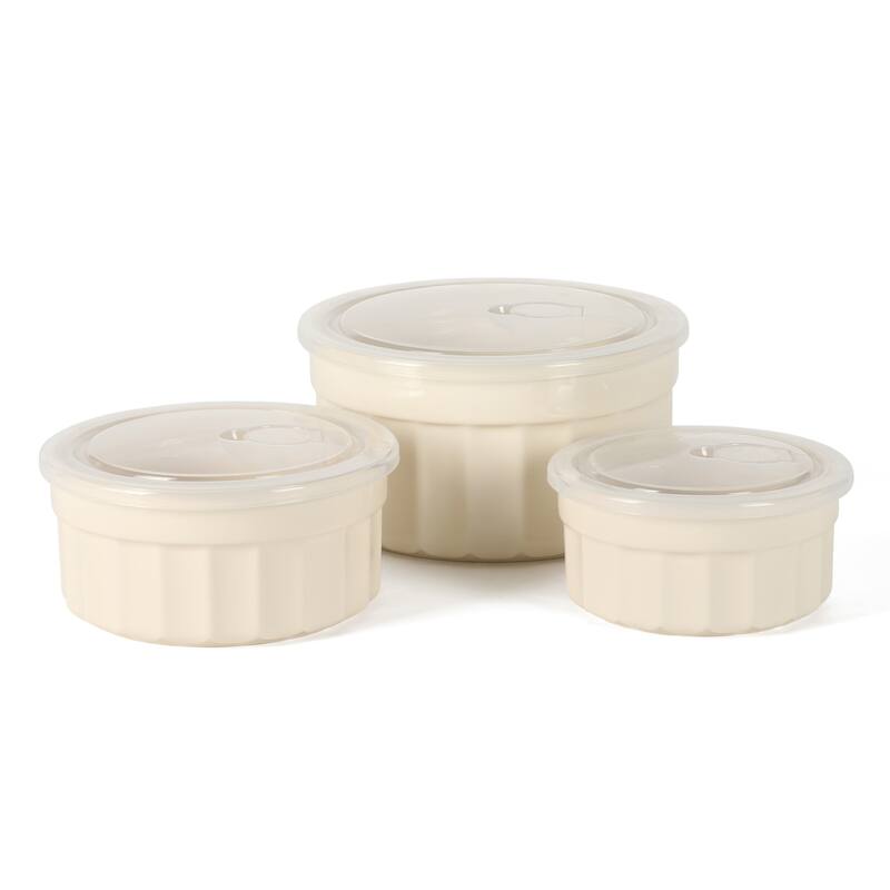 Martha Stewart Broadbrook 6 Piece Stoneware Meal Prep Container Set with Lids, Cream, Oven, Microwave & Dishwasher Safe - 7.6"z7.6"z4"