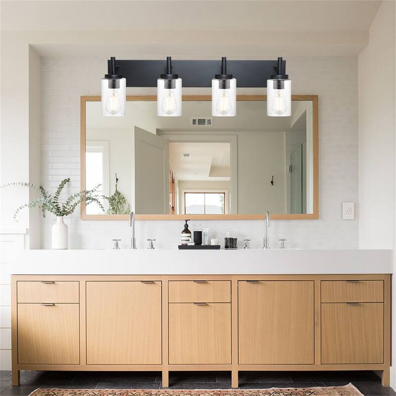 4-Light Black Vanity Light with Seeded Glass Shades - Black