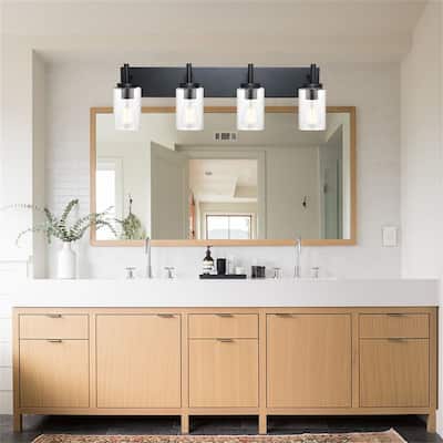 4-Light Black Vanity Light with Seeded Glass Shades