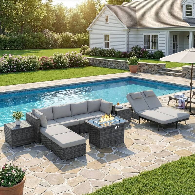 Outdoor Sectional Conversation Set PE Wicker with Double Chaise Lounge, 60,000 BTU Fire Pit Table - 10-Piece/Ottoman & Table - Light Gray
