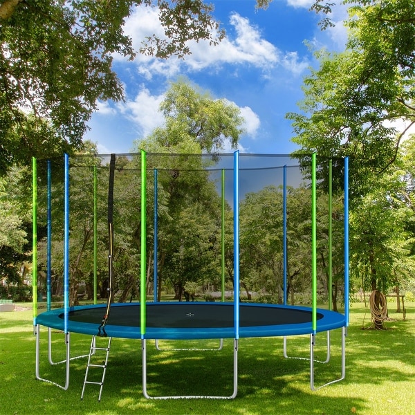 Merax Round Outdoor Recreational 16FT Trampoline with Safety Enclosure Net, Ladder and 12 Wind Stakes. Opens flyout.