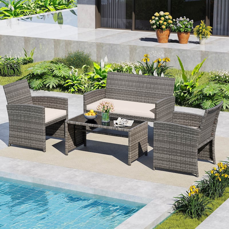Costway 4 PCS Patio Conversation Set with Seat Cushions & Tempered - See Details - Off-White+Gray