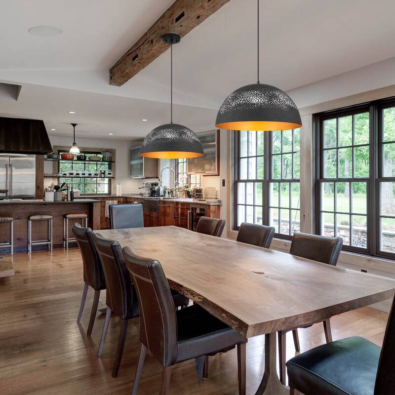 Industrial 1-Light Antique Black and White Hammered Dome Pendant Light For Kitchen Island - 15.8 in.