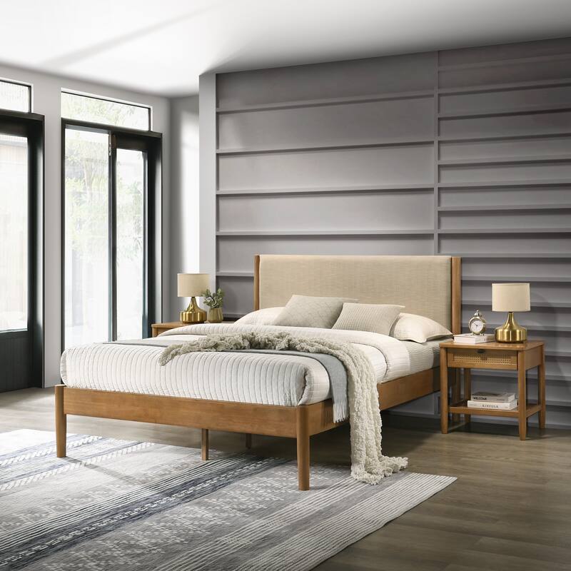 Vichy 3-Piece Rubberwood Bedroom Set, Platform Bed with Two Nightstands, Queen - Walnut