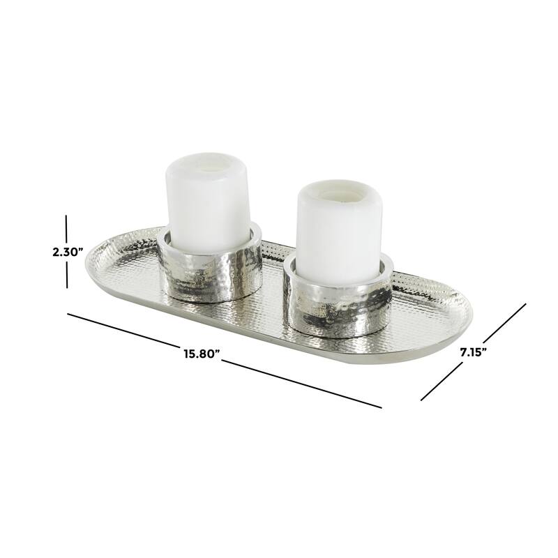 Stainless Steel Metal Hammered Decorative Candle Holder with Oval Tray Plate - Silver or Gold - Roche River Decor