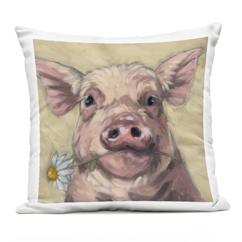 Stupell Pig Holding Daisy Sprig Printed Outdoor Throw Pillow Design by Sara G. Designs - Accent - Polyester - Pink - Single