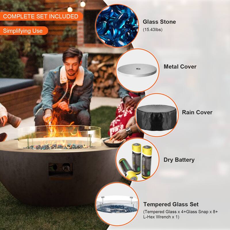 Grey Concrete Look Fire Pit Table with Glass Cover and Wheels - 39.37“x39.37”x20.59"