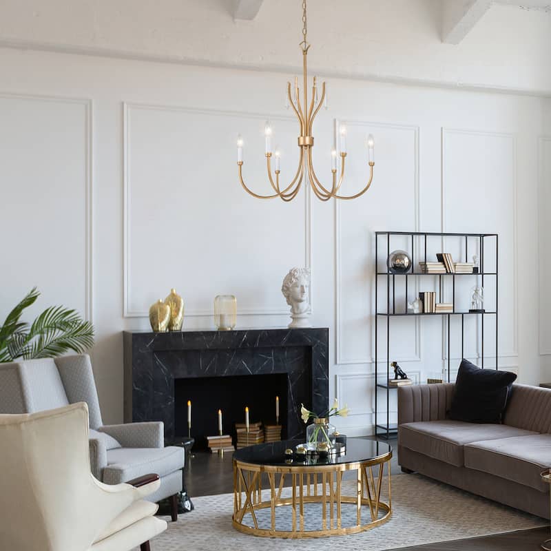 Modern Farmhouse Crystal 6-Light Chandelier Gold Wheel Light for Dining Living Room - Dia. 24" x H 21"