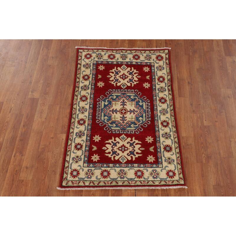 Geometric Red Kazak Rug Handmade Wool Carpet - 2'8" x 4'1"