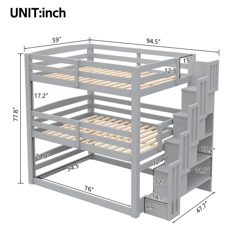 Roomfitters Full Triple Bunk Bed with Storage Staircase, Separable Design
