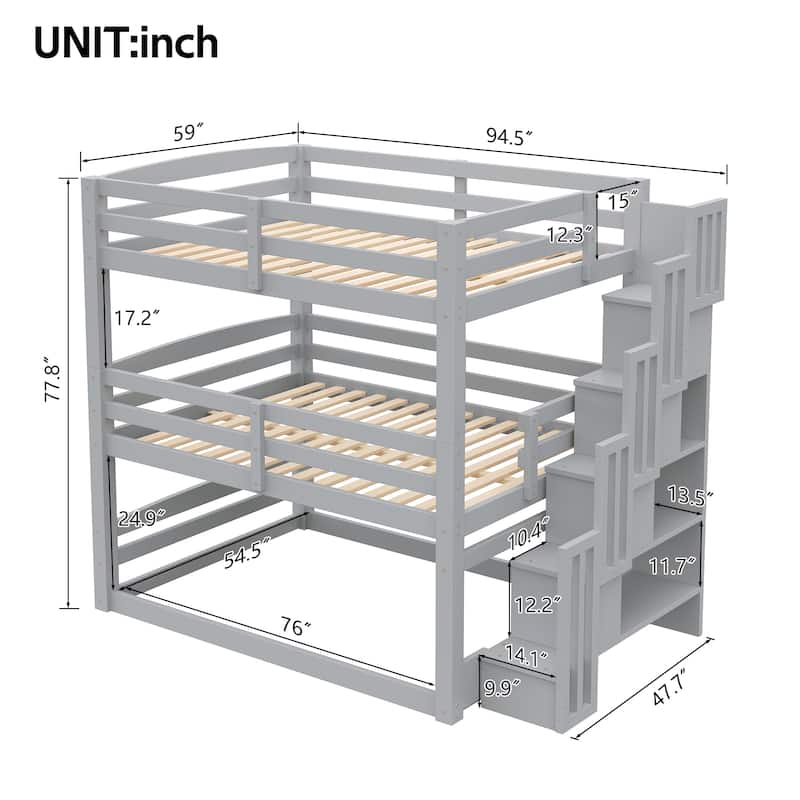 Separate Design Triple Bunk Bed with Storage Staircase, Converts to Bunk Bed and Platform Bed