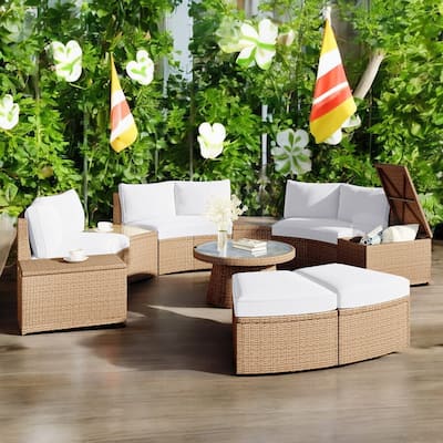 10-Piece Outdoor Patio Rattan Sofa Set with Cushions, Side Tables, Ottomans & Round Table - Light Gray PE Wicker Sectional Set