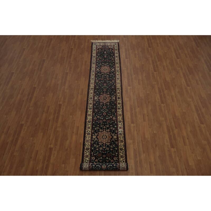 Hand Knotted Oriental 100% Wool Carpet Traditional Floral Navy Blue & Blues Kashan Runner Rug - 13' 10'' X 2' 7''
