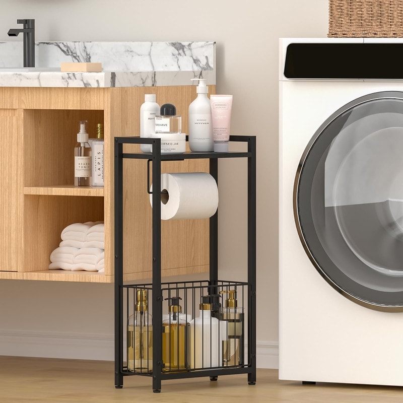 Freestanding Toilet Paper Holder with Shelf & Storage - Black