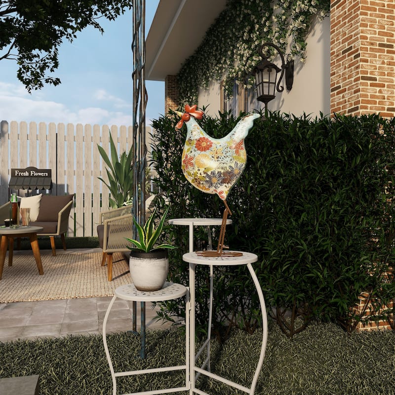 Metal Rooster Indoor Outdoor Distressed Standing Decorative Garden Sculpture - Green or Cream - Roche River Decor