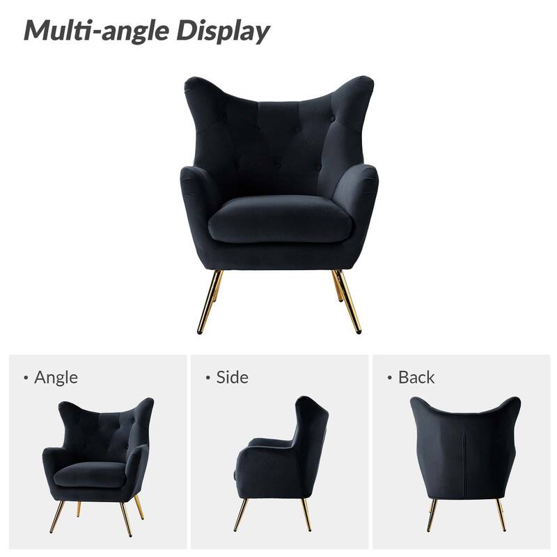 Eusebio Tufted Velvet Accent Chair with Wingback, Arms, and Metal Gold Legs for Living Room or Bedroom by HULALA HOME