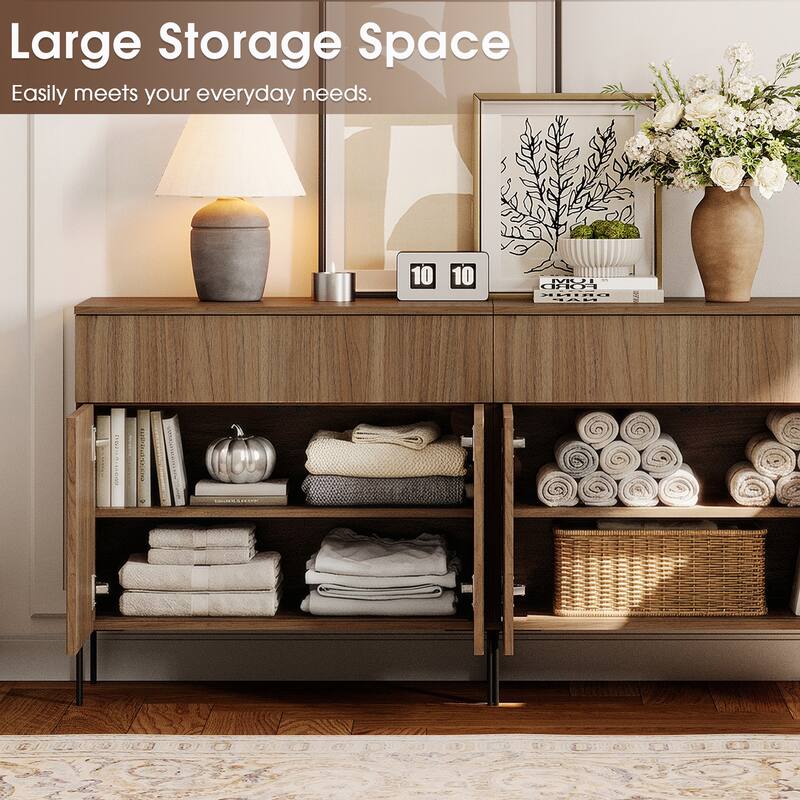 31.5" Wooden Reeded Sideboard With Doors And Drawer, Modern Credenza Storage Cabinet