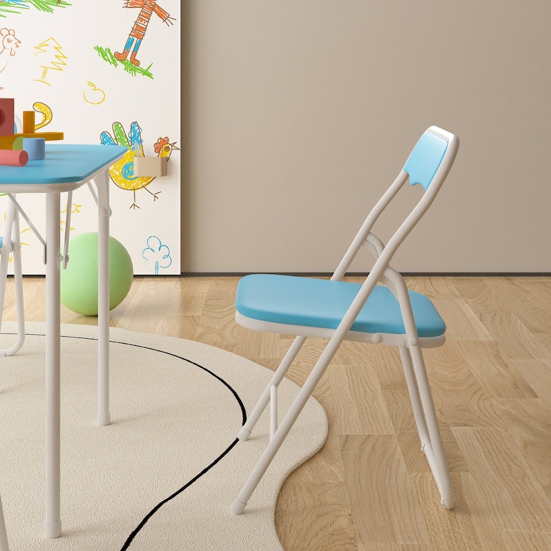 VECELO 5 Pcs Kids Folding Activity Table and Chairs Set, Portable, with Ultra Soft PU Padded Cushion, Matte Black