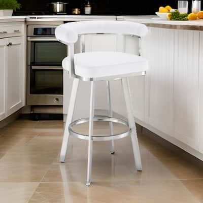Weni 30 Inch Swivel Barstool Chair, Barrel Open Back, White, Steel Frame