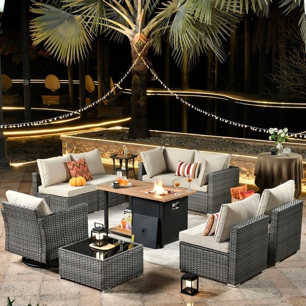 HOOOWOOO 10-piece Grey Rattan Patio Furniture Set with Fire Pit