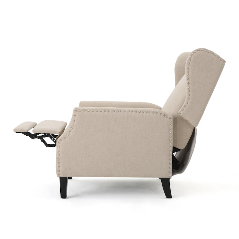 Upholstered Recliner Chair, Fabric Wingback Armchair, Push-Back Recliner with Nailhead Trim, Wood Legs, Classic Recliner Chair