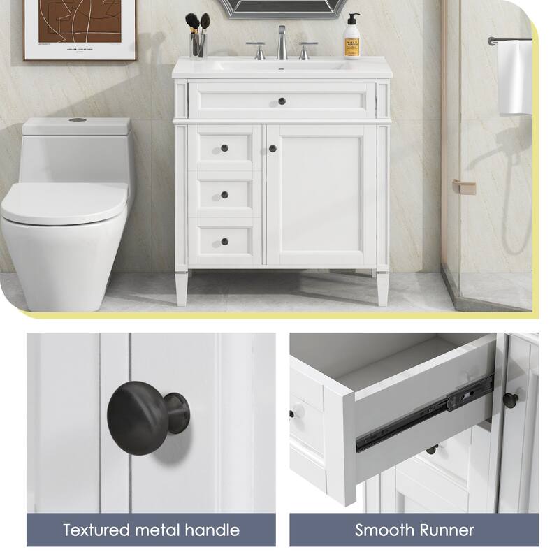 30-Inch Modern Bathroom Vanity with Ceramic Sink, 3 Drawers, Storage Cabinet, and Soft-Close Doors
