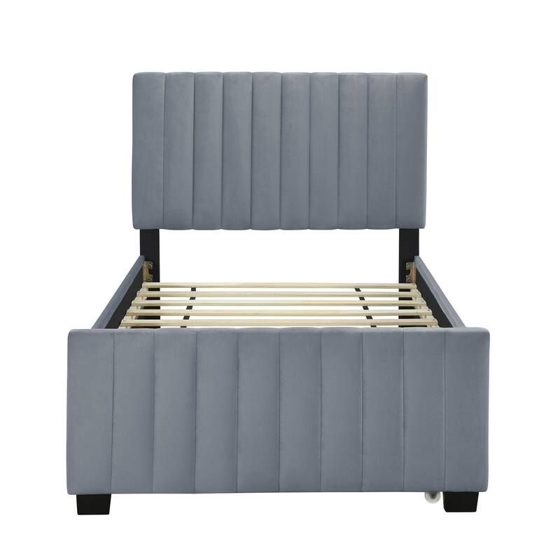 Twin Size Velvet Upholstered Platform Bed Frame with Trundle, No Box Spring, Space-Saving Design, Sturdy Construction